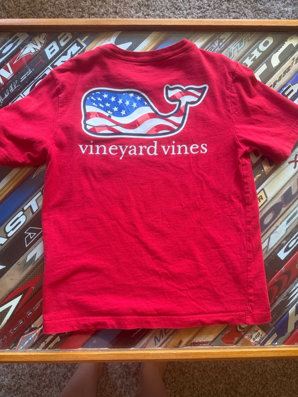 Vineyard Vines Red Tee with American Flag Whale Graphic